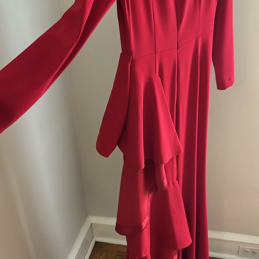 Badgley Mischka Red Long Sleeve Front Ruffle Gown Size  8 - Picture 8 of 11